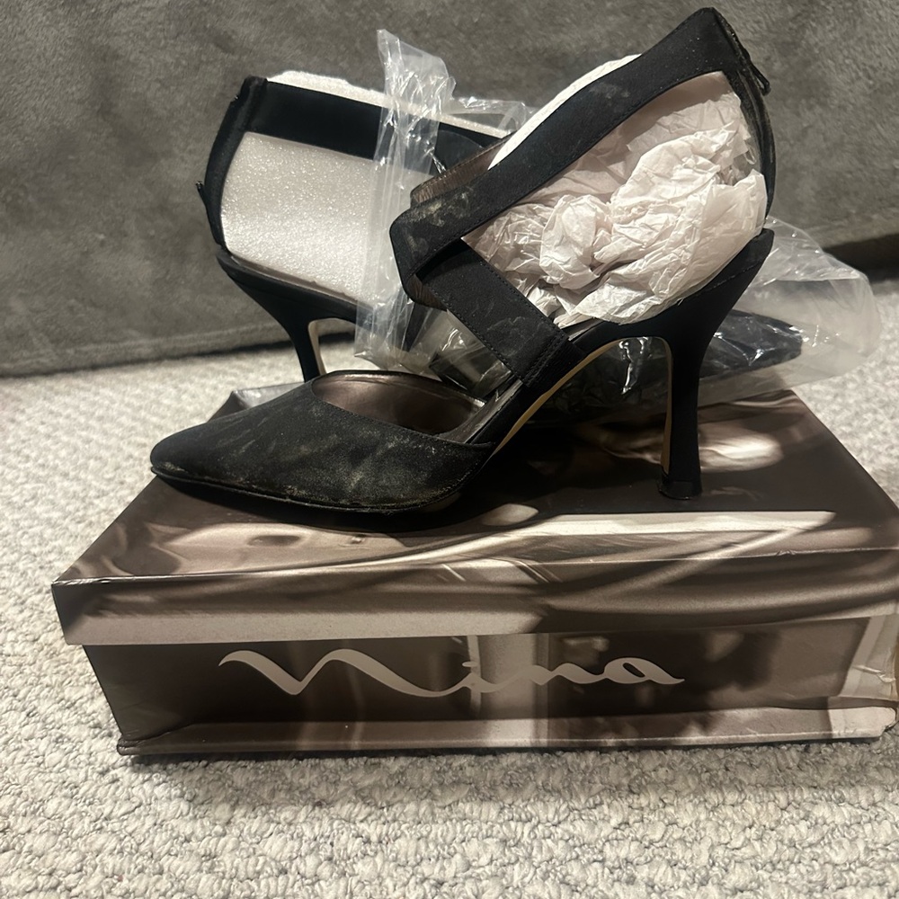 Nina SACHI Black Satin Pointed-Toe Slingback Heels